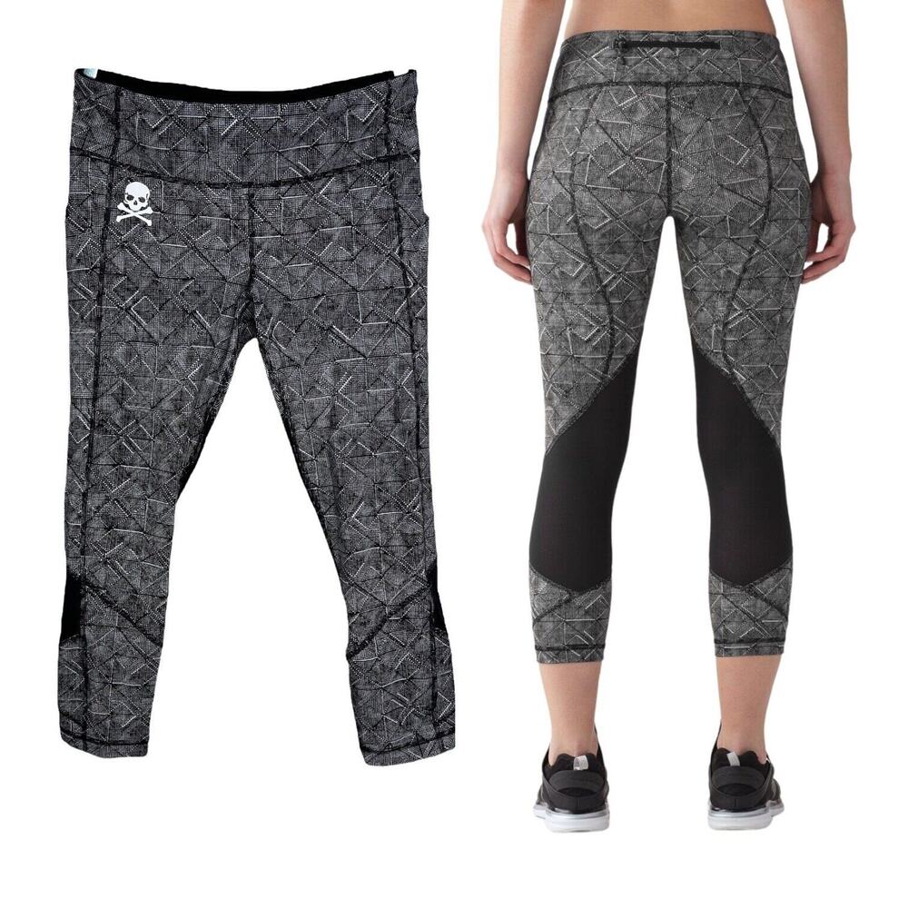 Lululemon Soulcycle Skull Pace Rival Crop Leggings 22" Inseam Black White 8